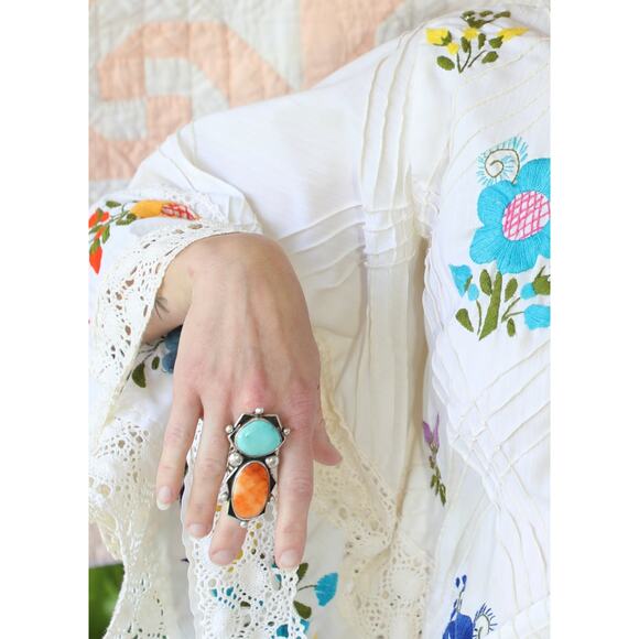 Vintage Turquoise & Orange Spiny Oyster Sterling Ring - Picture 5 of 5